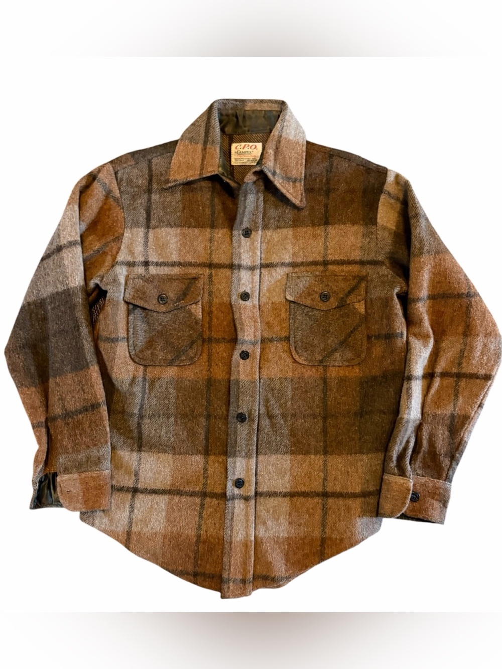 Vintage Campus C.P.O. Brown Plaid Wool Flap Pockets Shirt Jacket 1970’s Unisex S
